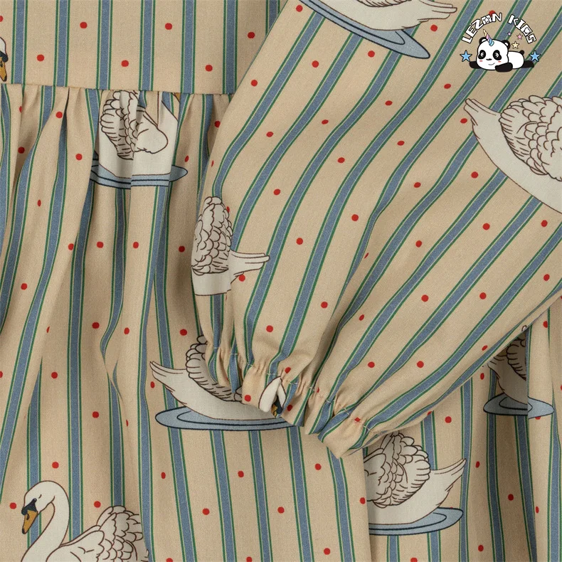 LEZONKIDS - Vestidos Personalizáveis de Alta Qualidade para Meninas com Mangas Longas para Primavera e Outono com Impressão de Cisne e Listras Azuis